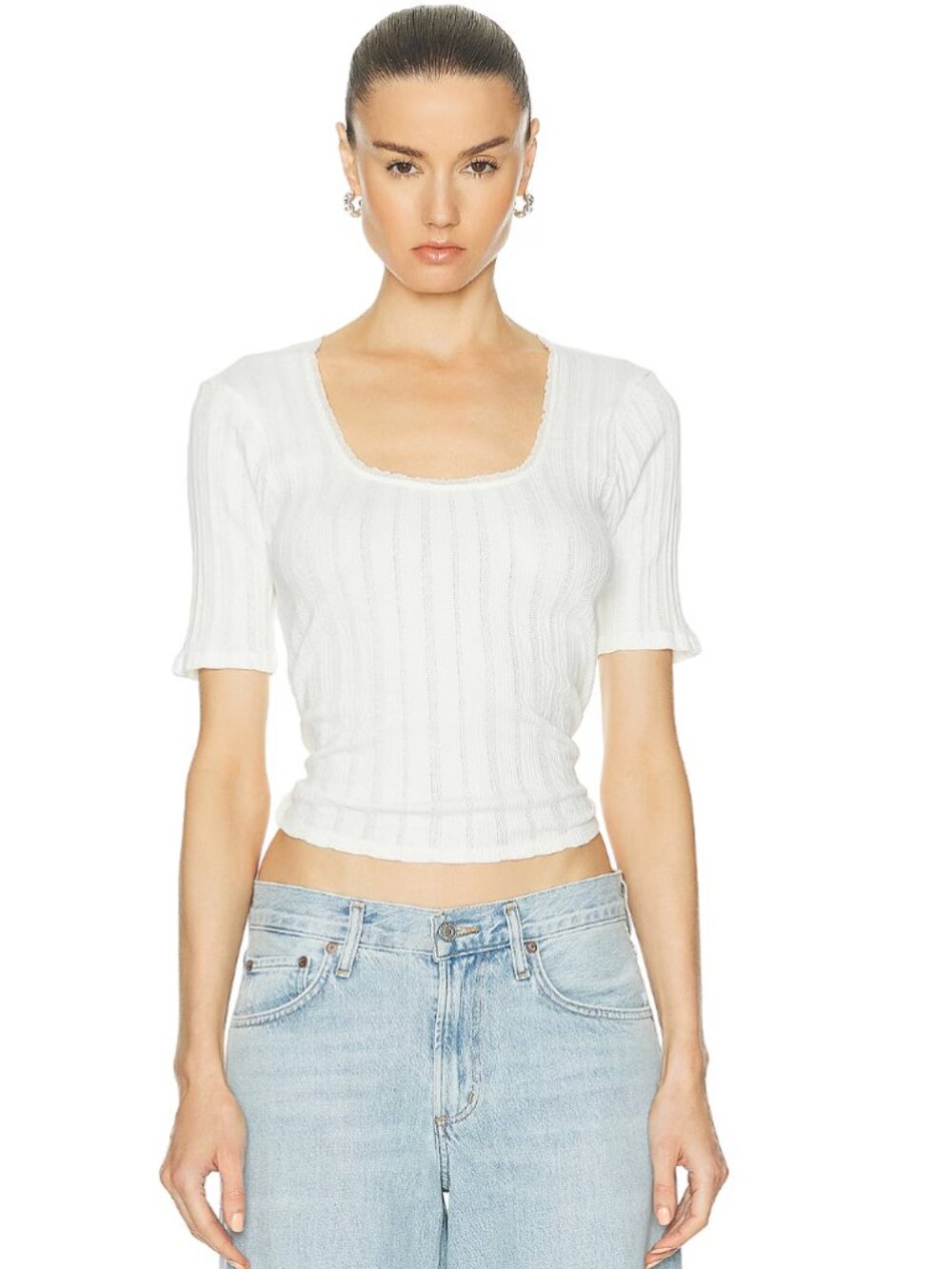 RE/DONE Pointelle Scoop Neck Tee in White XS